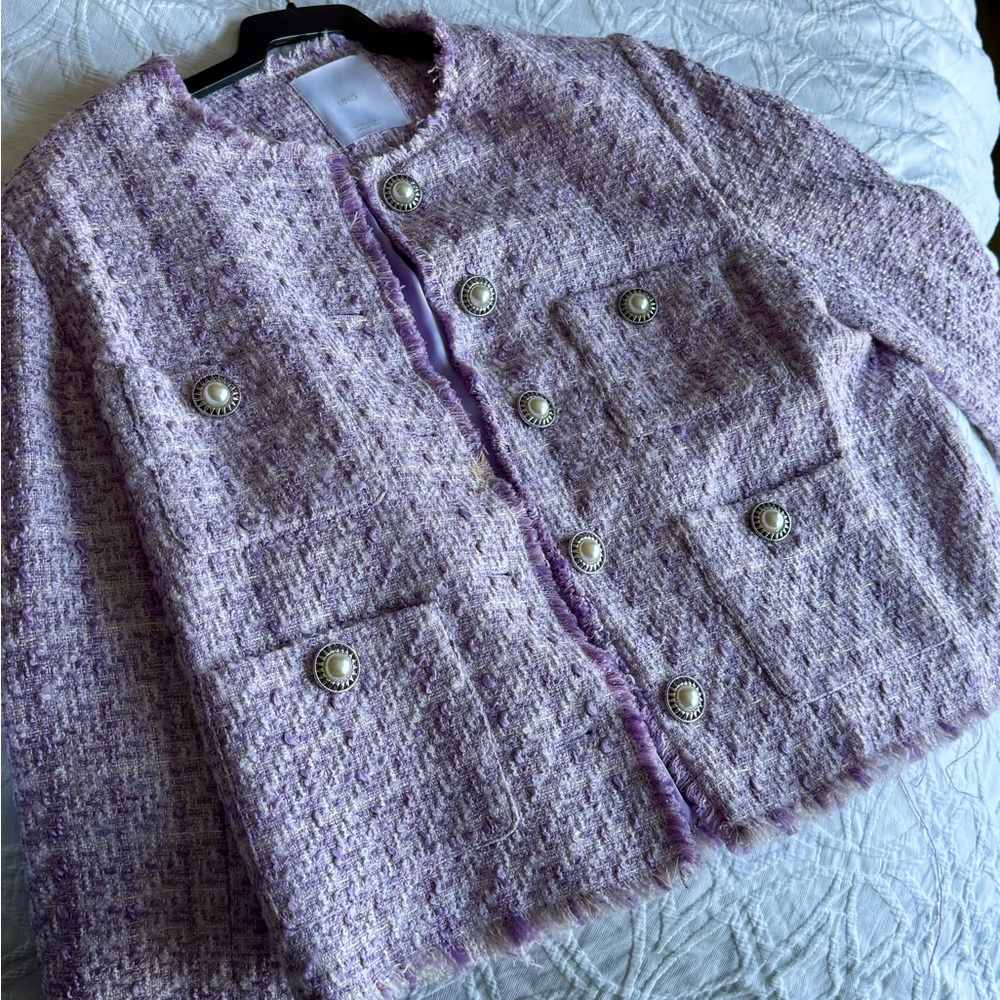 Mango Lilac Tweed Pearl-Button Jacket
